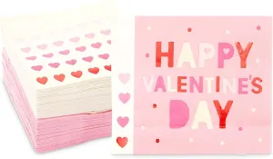 100 Pack Pink and Heart Themed Paper Napkins for Valentine Party Supplies (5x5 In)