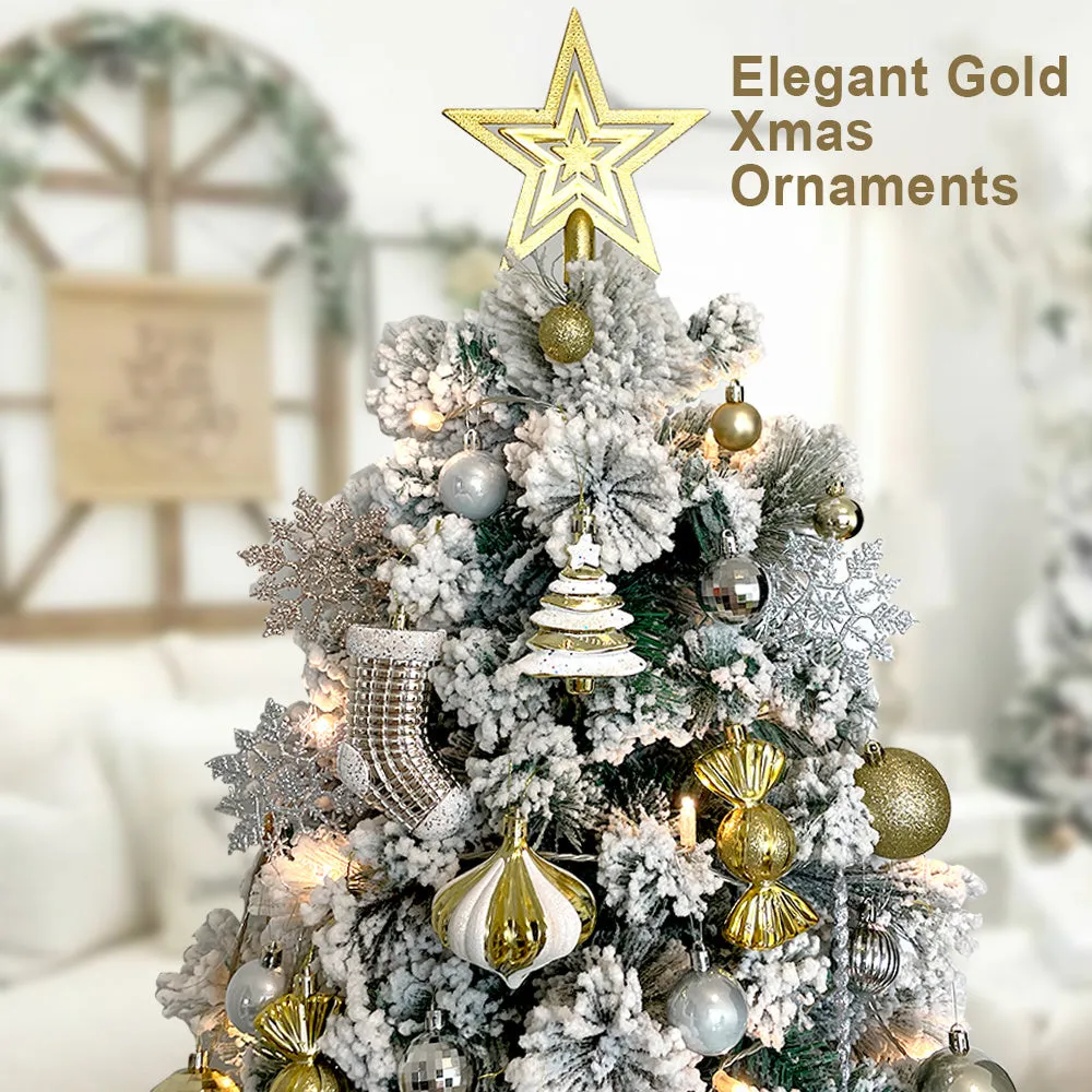 109 CT Gold Christmas Ornaments Set 2022 Decorative Christmas Tree Decorations;  Various 25 styles of Xmas Decor with Christmas Balls;  Stocks;  Star;  Icicle;  Snow Flakes;  Candy;  Onion for Holiday