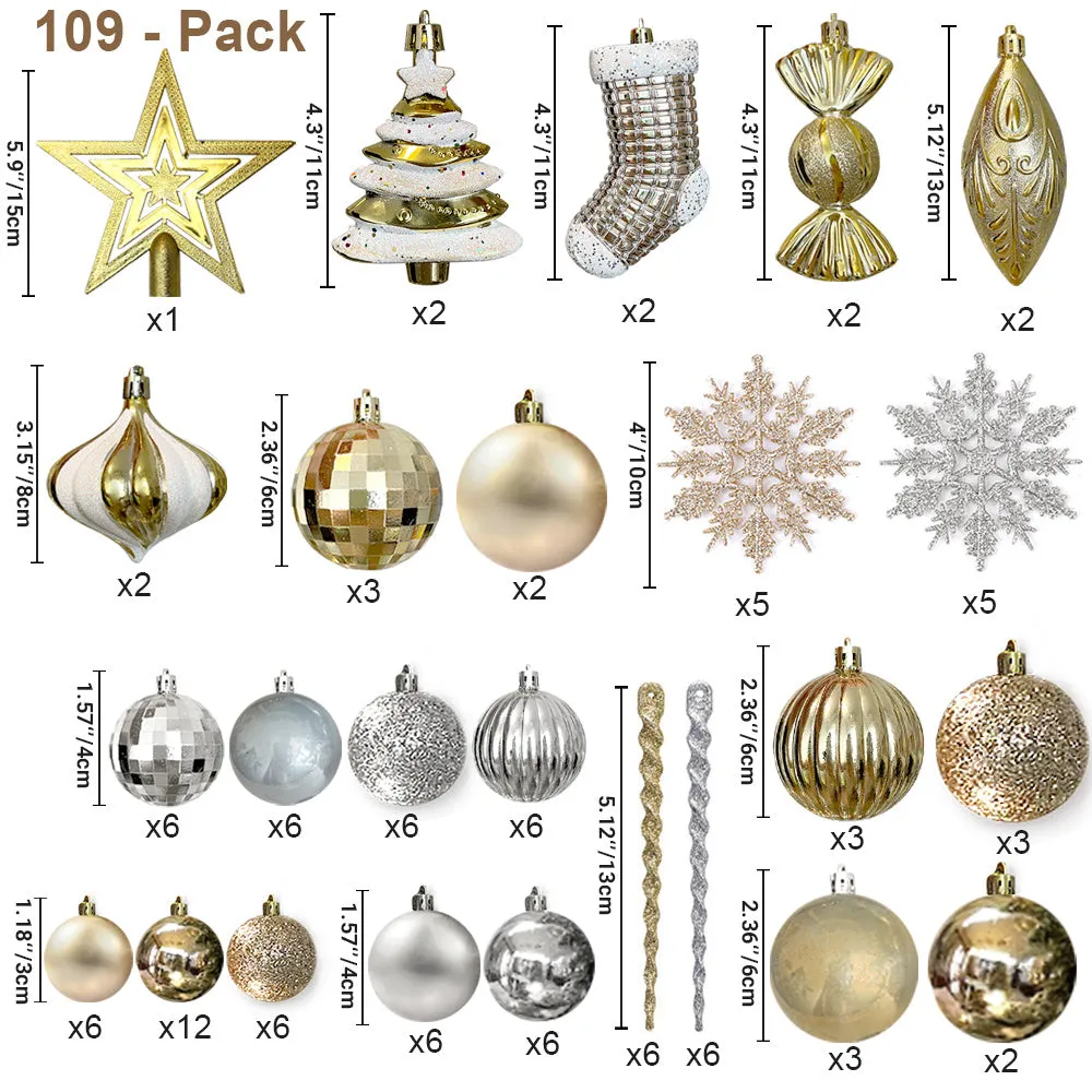 109 CT Gold Christmas Ornaments Set 2022 Decorative Christmas Tree Decorations;  Various 25 styles of Xmas Decor with Christmas Balls;  Stocks;  Star;  Icicle;  Snow Flakes;  Candy;  Onion for Holiday