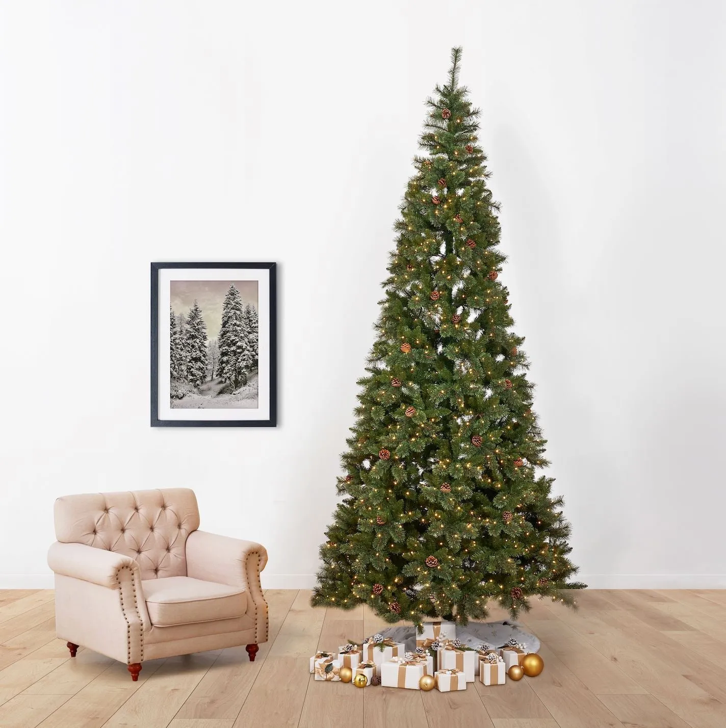 11’ White Mountain Pine Artificial Christmas Tree with 1050 Clear LED Lights, Pine Cones and 2395 Bendable Branches