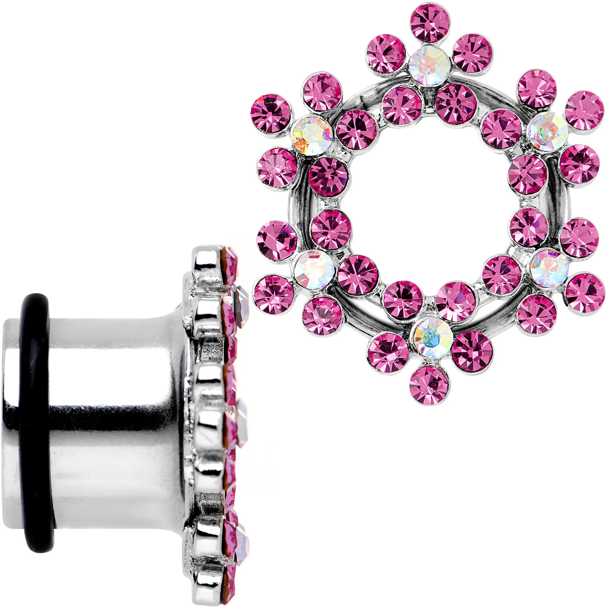 1/2 Pink and Aurora Gem Snowflake Steel Tunnel Plug Set