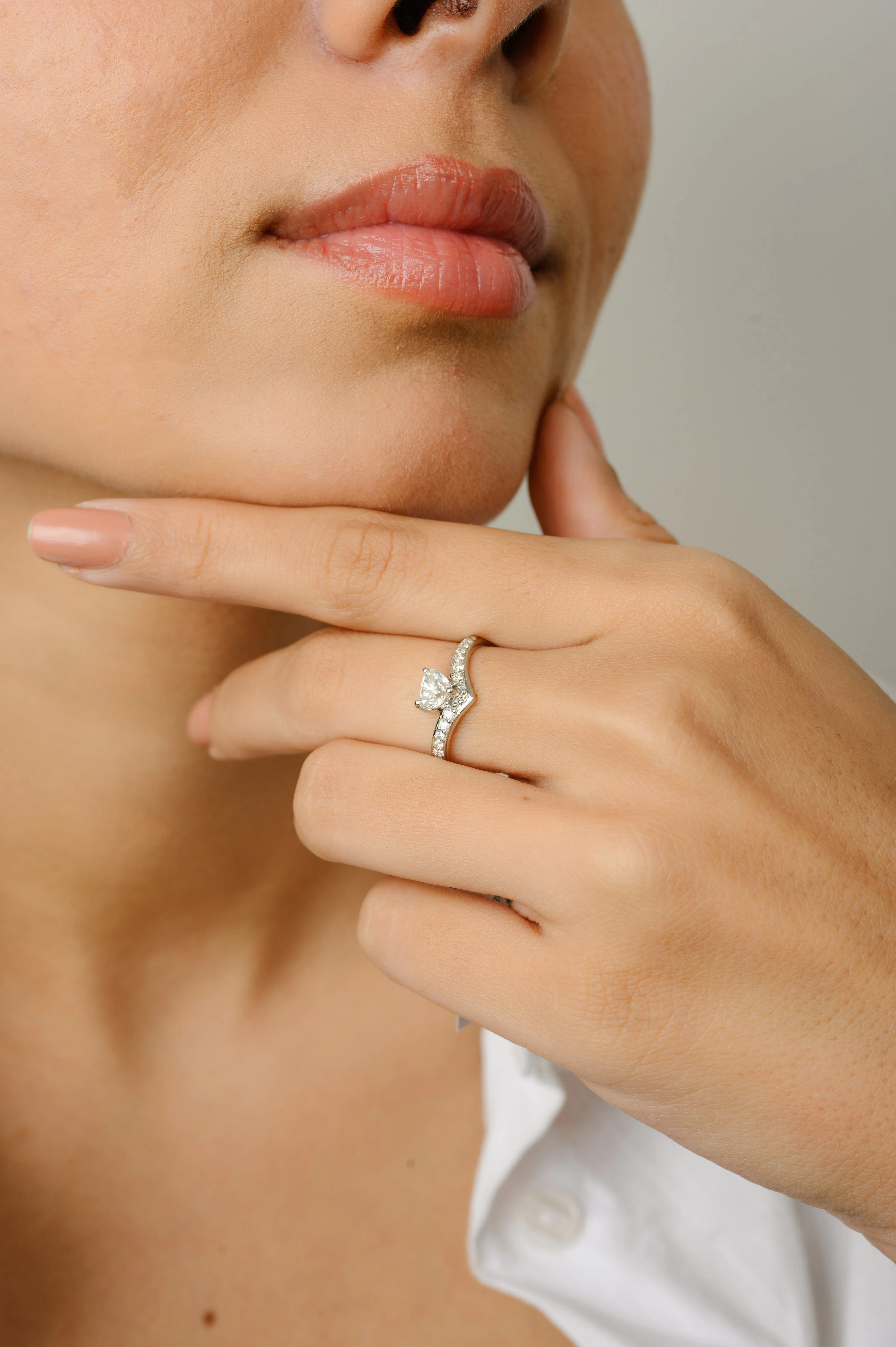 18K Gold Heart Shaped Diamond Chevron Ring