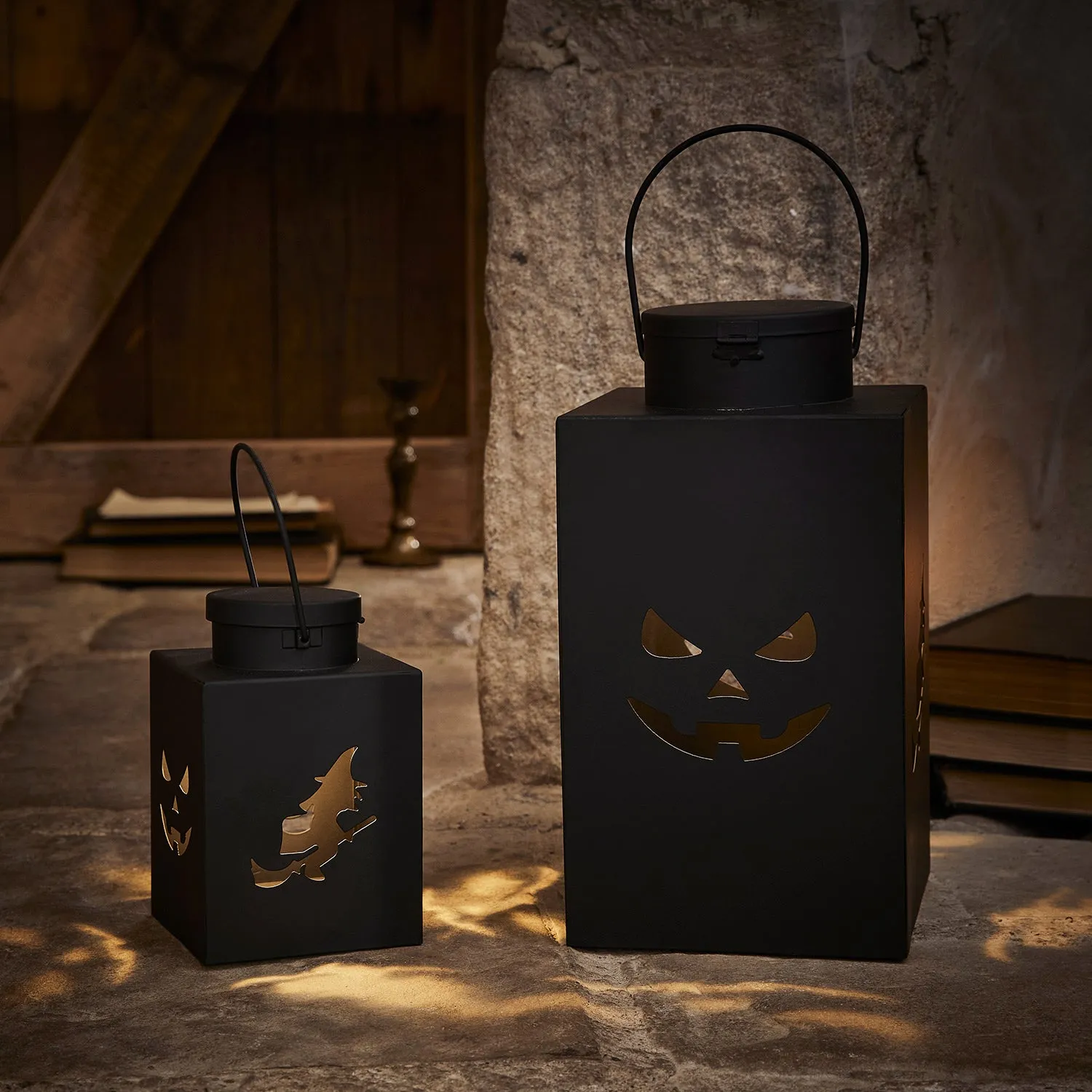 2 Black Metal Outdoor Halloween Lanterns