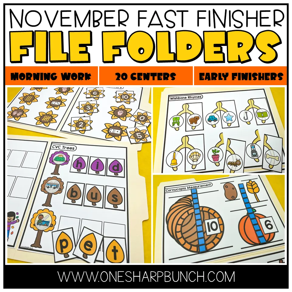 20 Early Finishers, Fast Finishers File Folder Games & Morning Work for November | Printable Classroom Resource | One Sharp Bunch