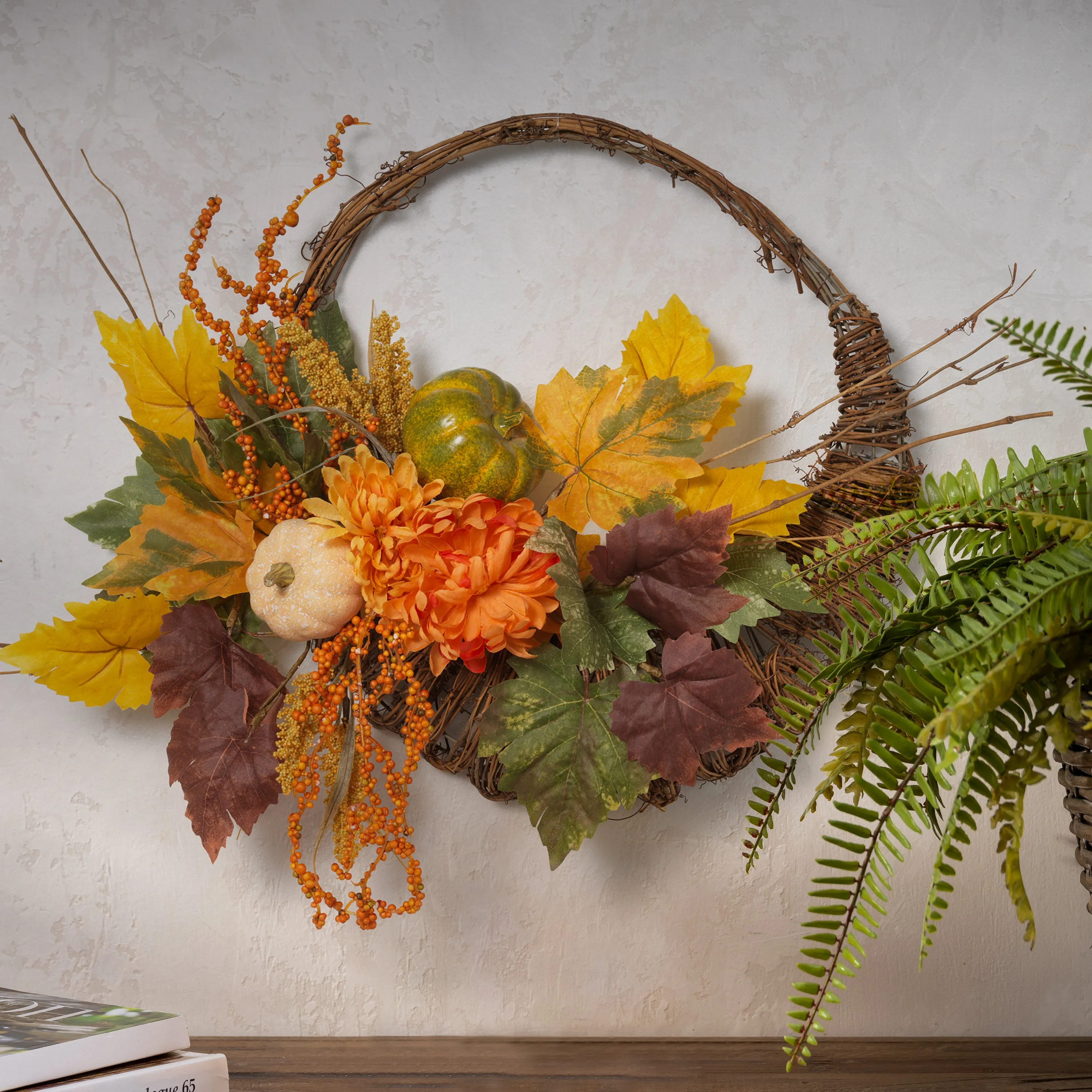 20-Inch Diameter Cornucopia Wreath with Pumplins and Berries