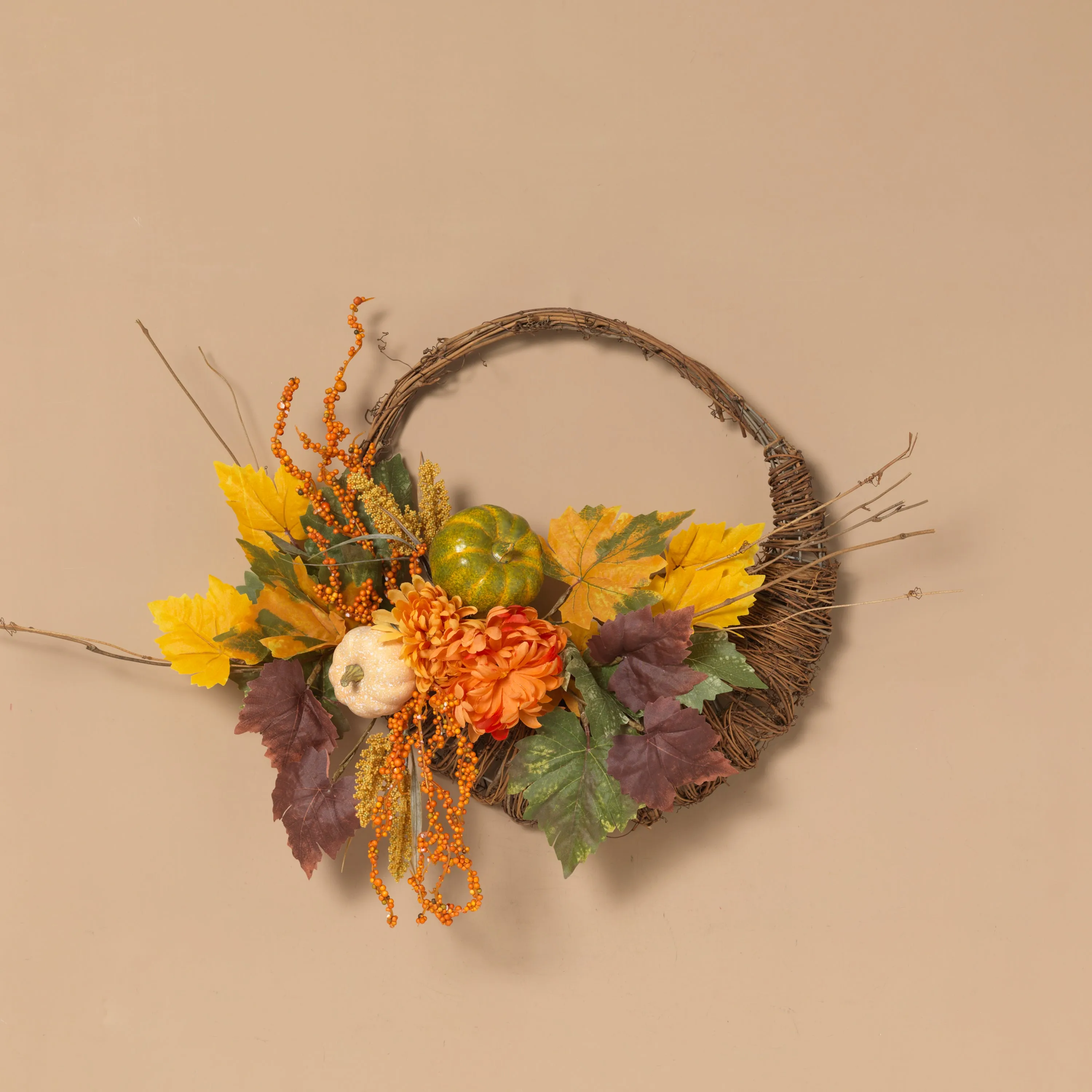 20-Inch Diameter Cornucopia Wreath with Pumplins and Berries