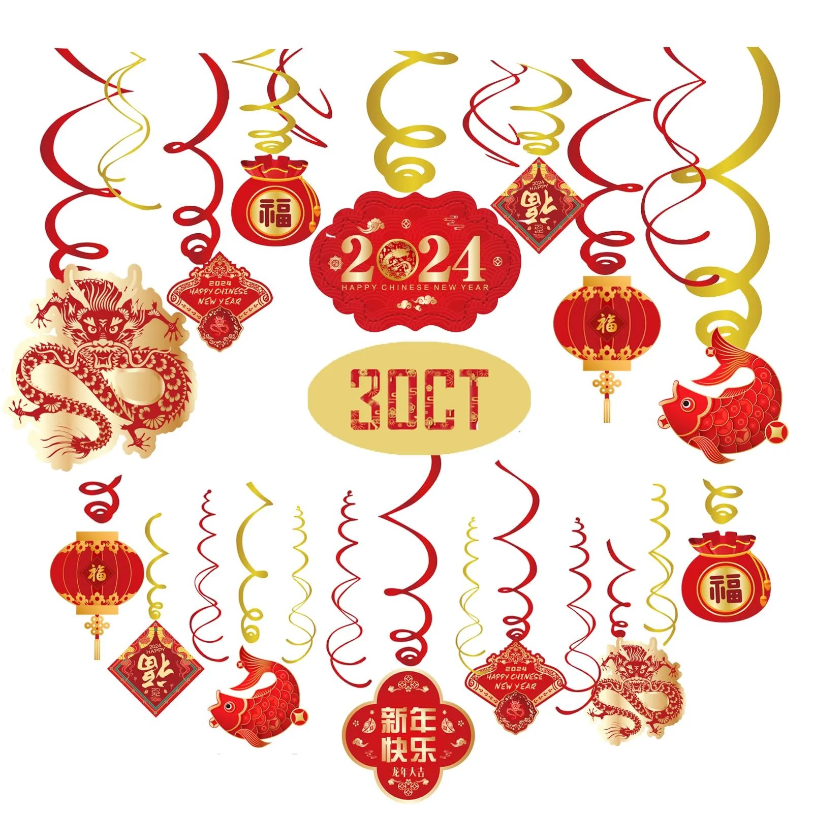 2024 Chinese New Year Decorations-Hanging Swirls Decorations for Year of the Dragon and Lunar New Year(30 Pieces)