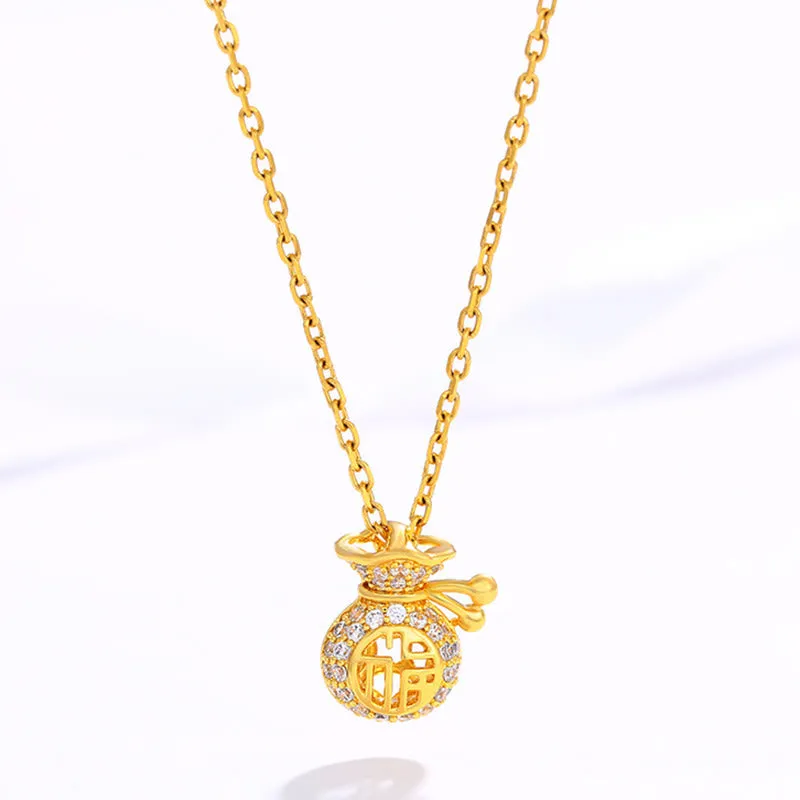 24K Gold Plated Fu Character Fortune Money Bag Necklace Pendant