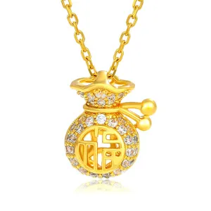 24K Gold Plated Fu Character Fortune Money Bag Necklace Pendant