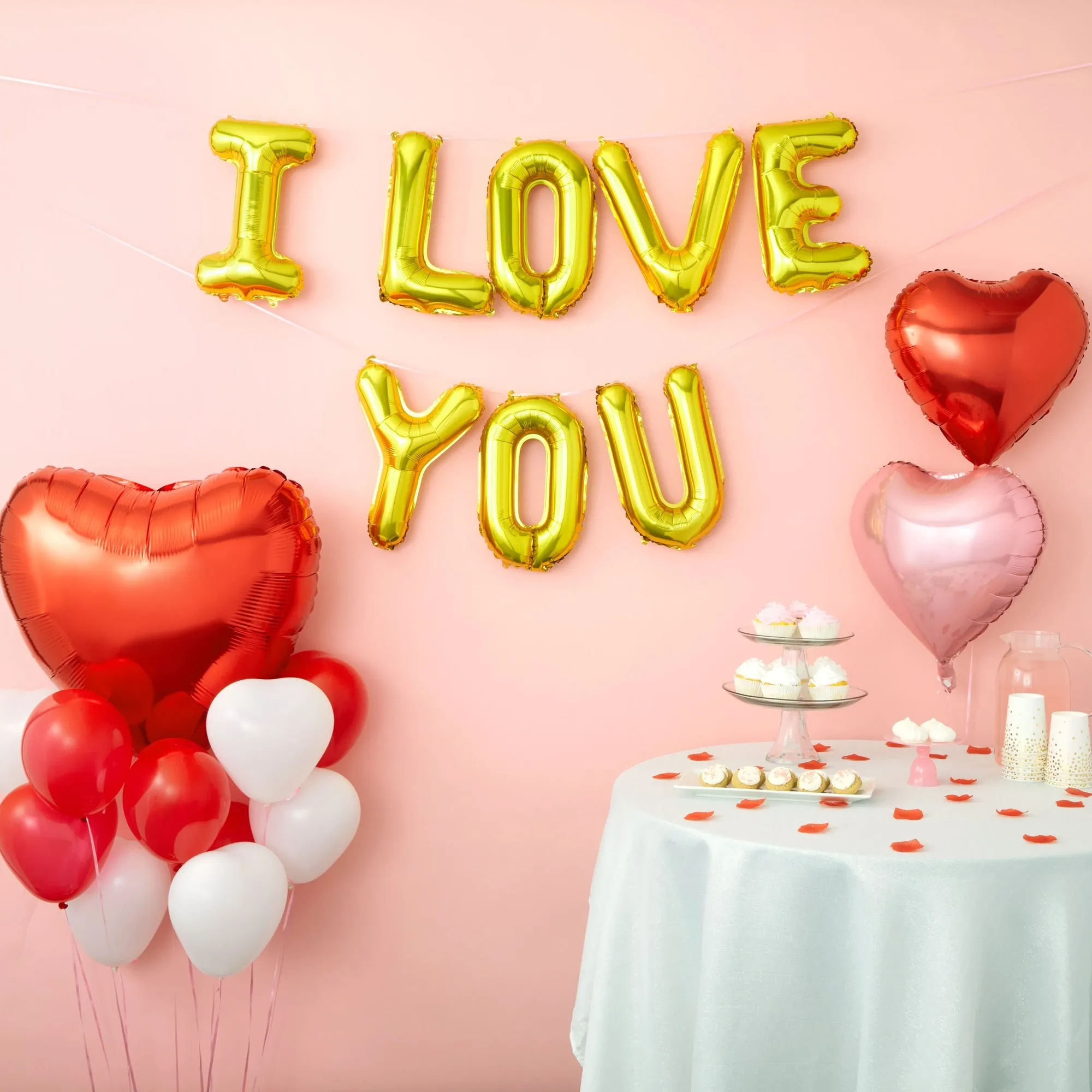 48 Piece I Love You Heart Balloon Set with 1000 Silk Rose Petals for Valentines, Anniversary, and Marriage Proposal