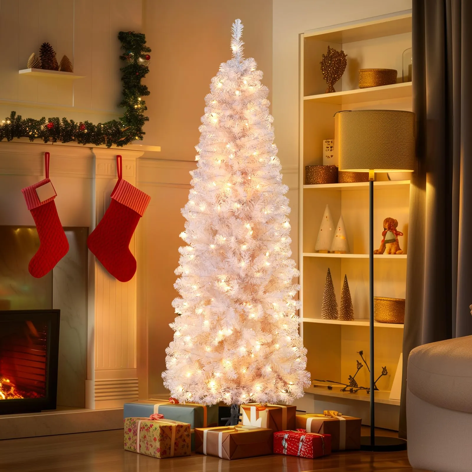 4ft Prelit Warm White Lights Artificial Hinged Slim Pencil Christmas Tree