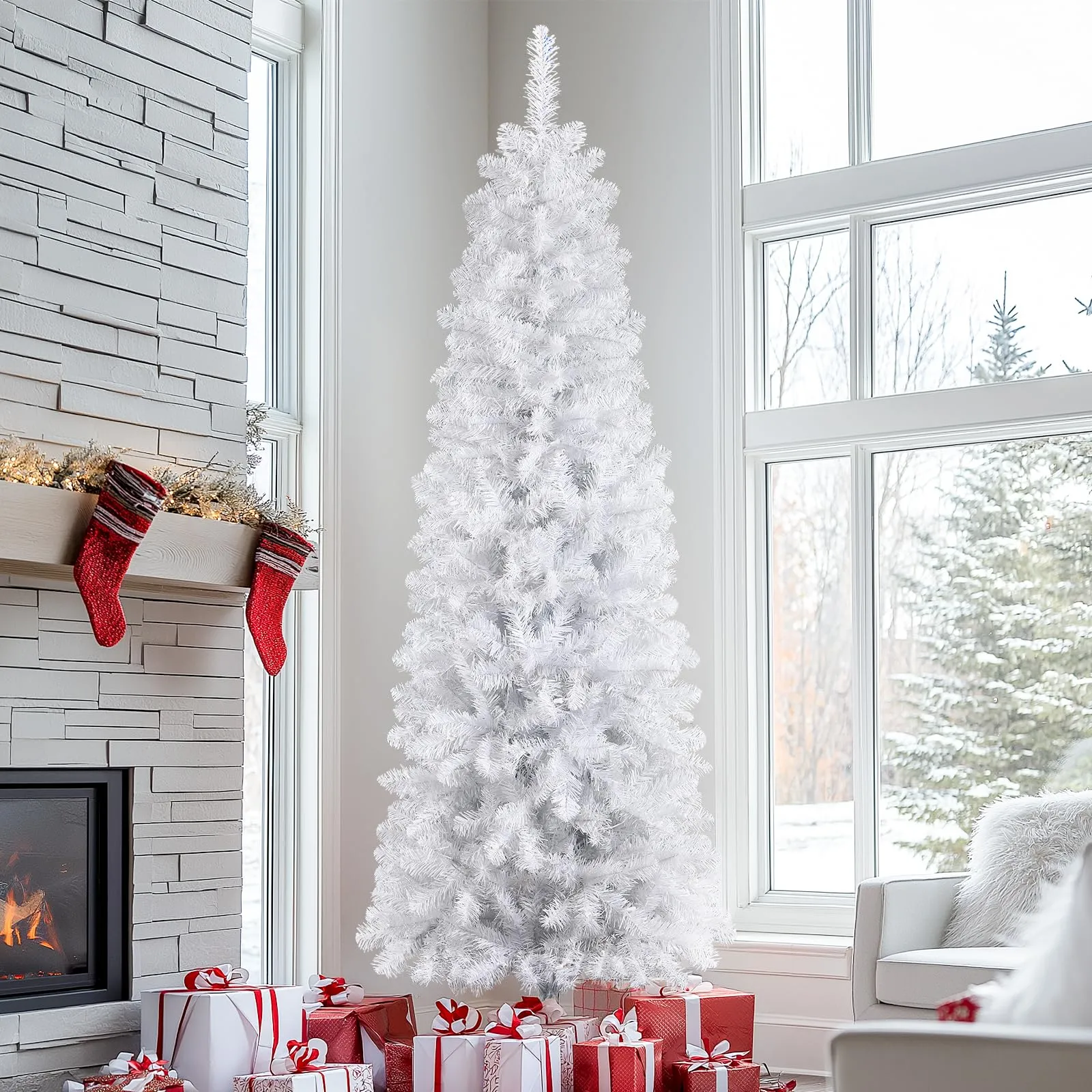 4ft Prelit Warm White Lights Artificial Hinged Slim Pencil Christmas Tree