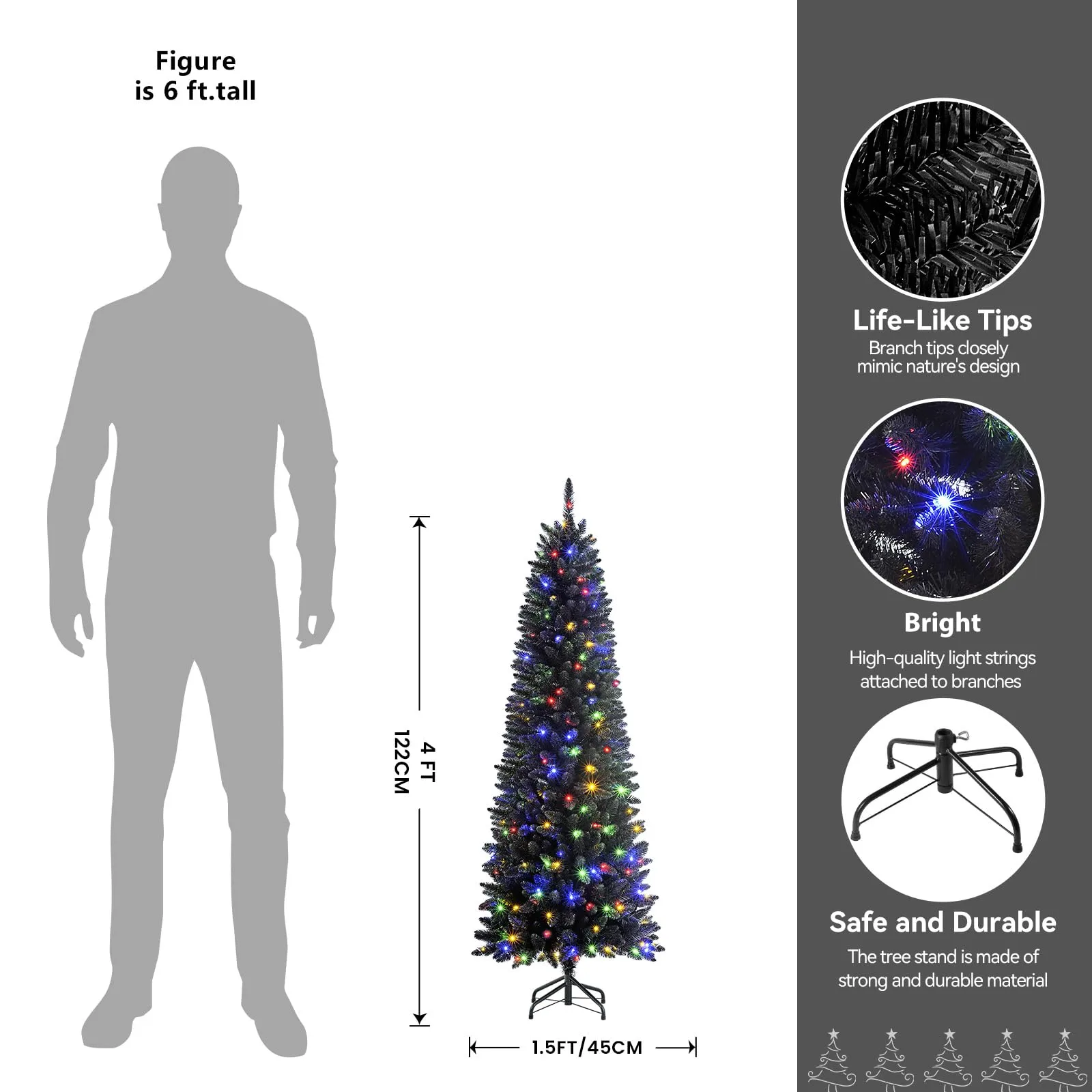 4ft Premium Prelit Warm White & Multi-Color Lights Artificial Hinged Slim Pencil Christmas Tree with Remote Control