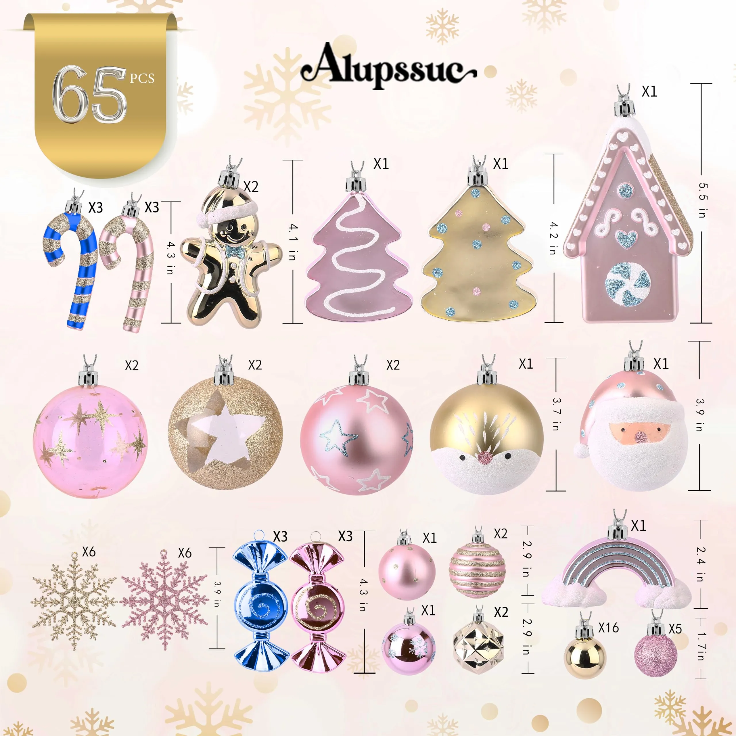 65pcs Macaron Pink Christmas Balls Ornaments Set with Hanging Strings