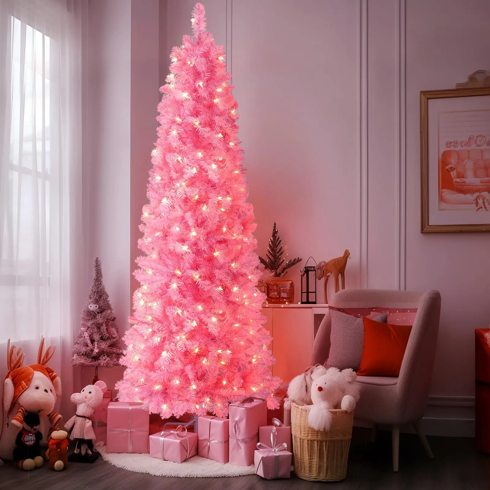 6ft Pre-lit 200 Warm White Lights Artificial Hinged Slim Pencil Christmas Tree-Pink