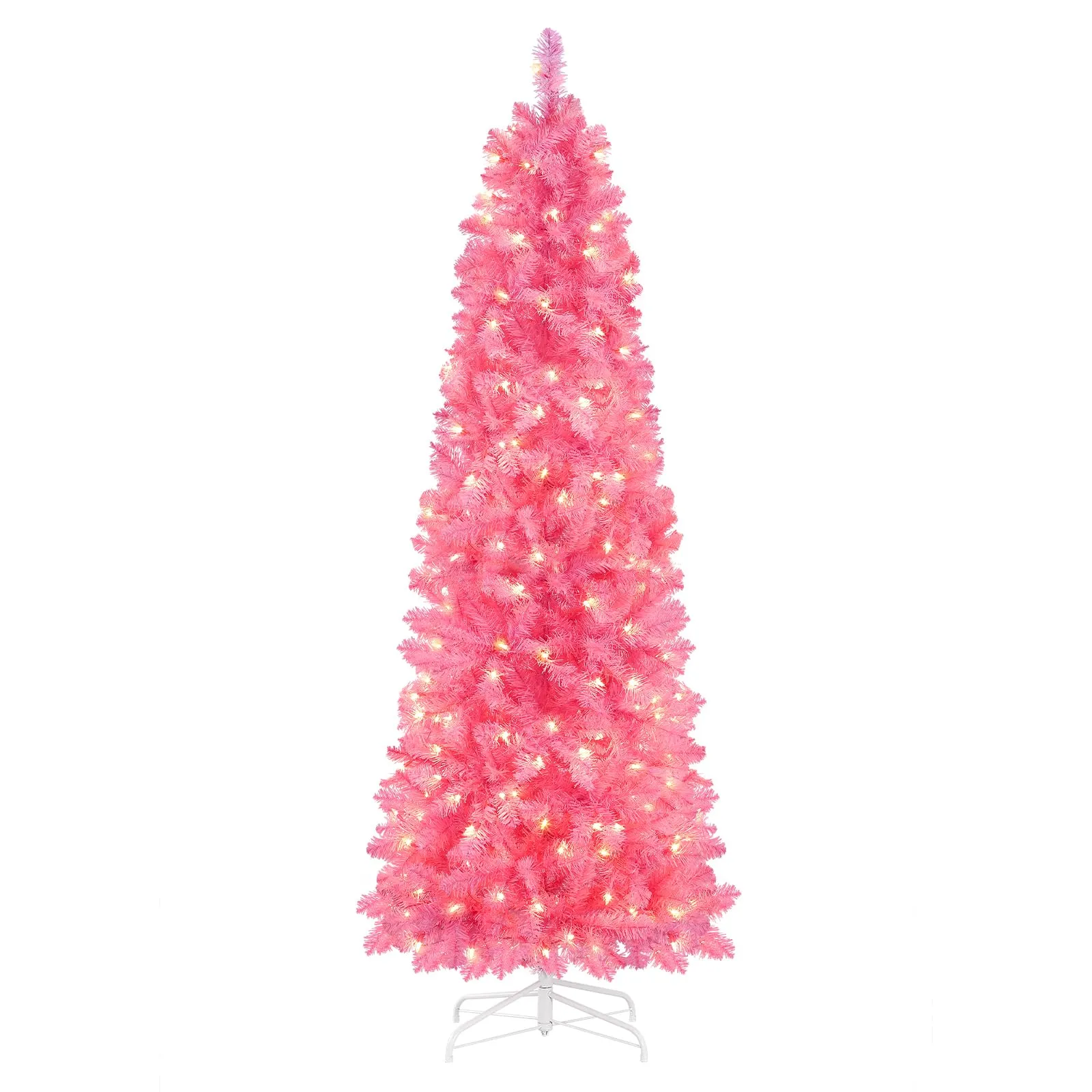 6ft Pre-lit 200 Warm White Lights Artificial Hinged Slim Pencil Christmas Tree-Pink