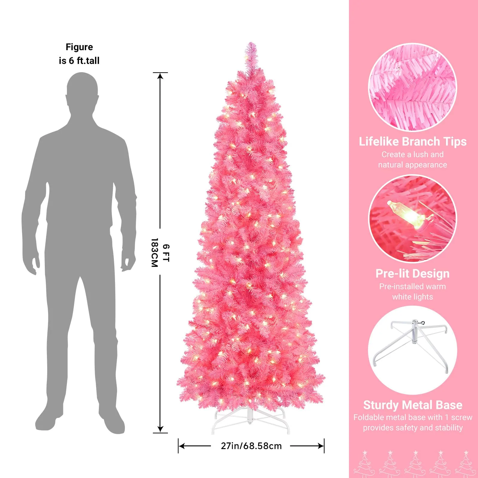 6ft Pre-lit 200 Warm White Lights Artificial Hinged Slim Pencil Christmas Tree-Pink