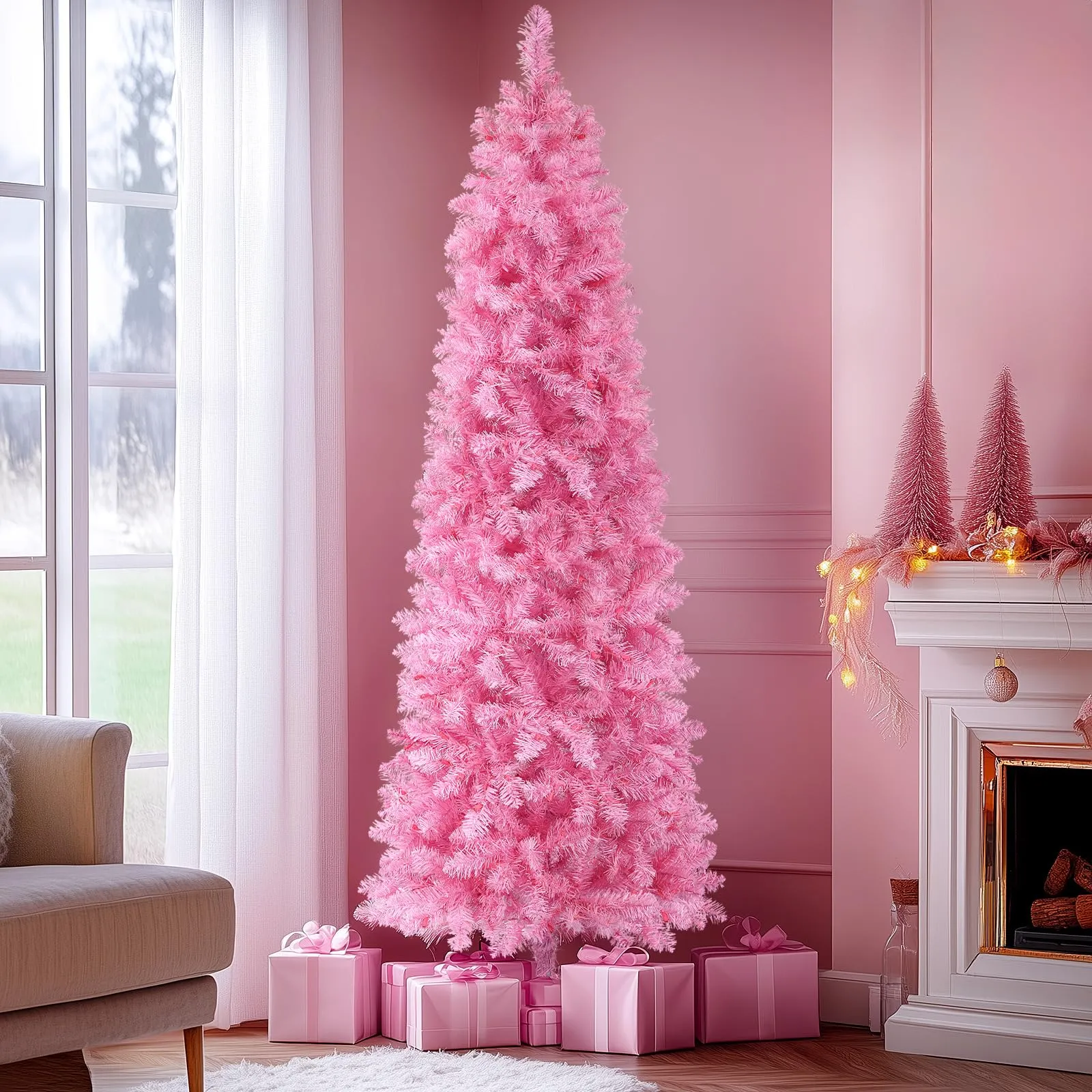 6ft Pre-lit 200 Warm White Lights Artificial Hinged Slim Pencil Christmas Tree-Pink