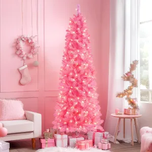 6ft Pre-lit 200 Warm White Lights Artificial Hinged Slim Pencil Christmas Tree-Pink