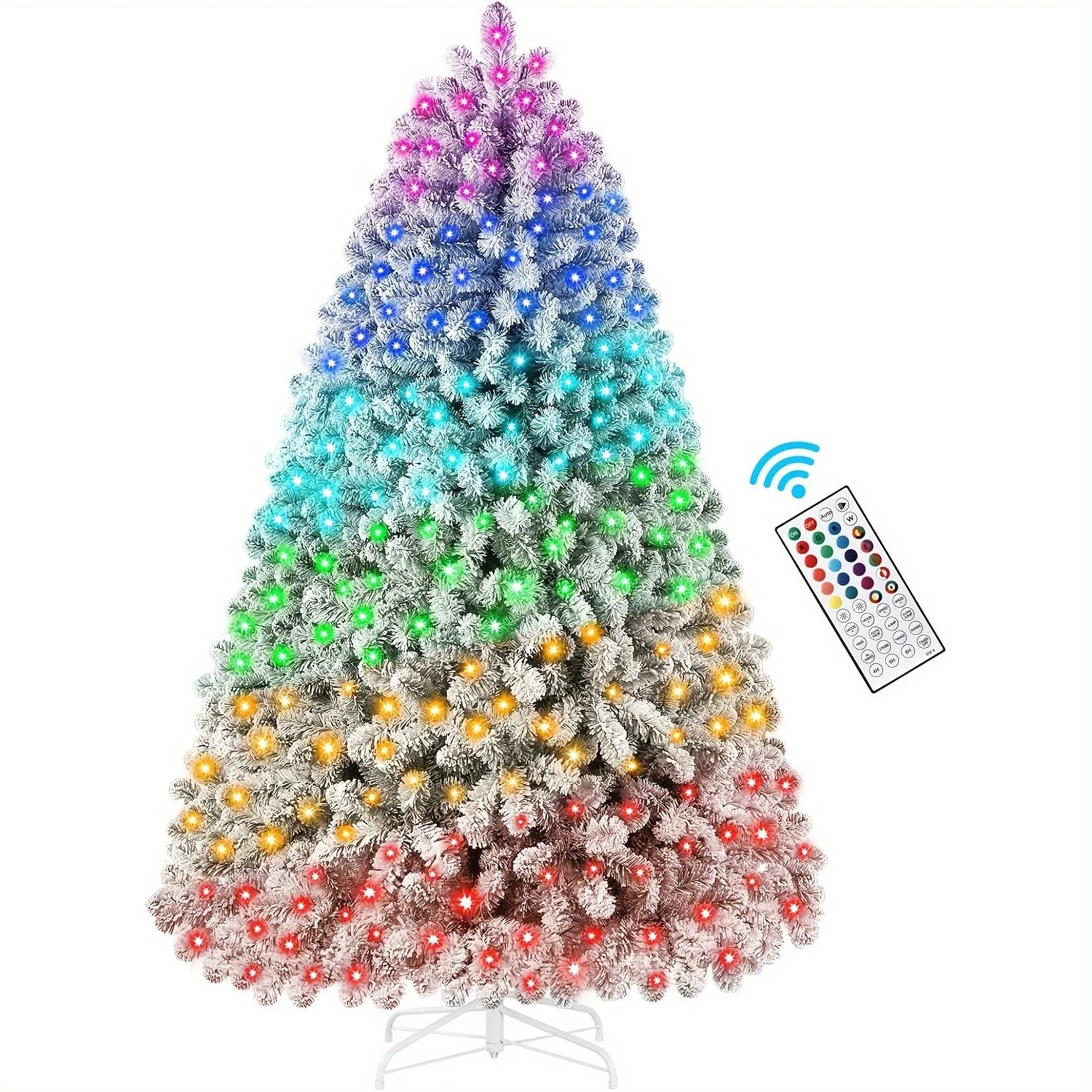 6ft Prelit 330 Multi-Color RGB Lights Full Snow Flocked Artificial Holiday Christmas Tree with Remote-White