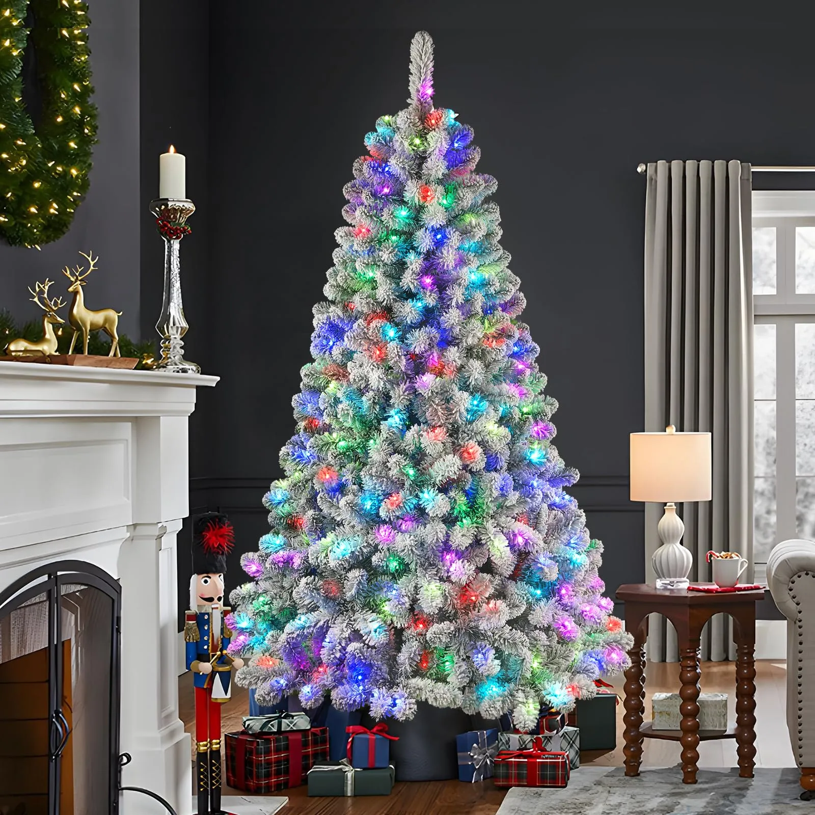 6ft Prelit 330 Multi-Color RGB Lights Full Snow Flocked Artificial Holiday Christmas Tree with Remote-White