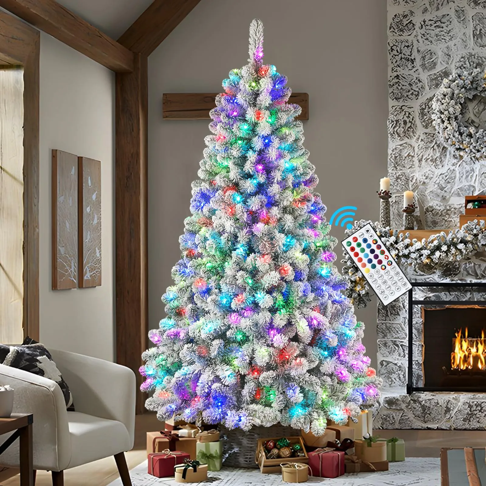 6ft Prelit 330 Multi-Color RGB Lights Full Snow Flocked Artificial Holiday Christmas Tree with Remote-White