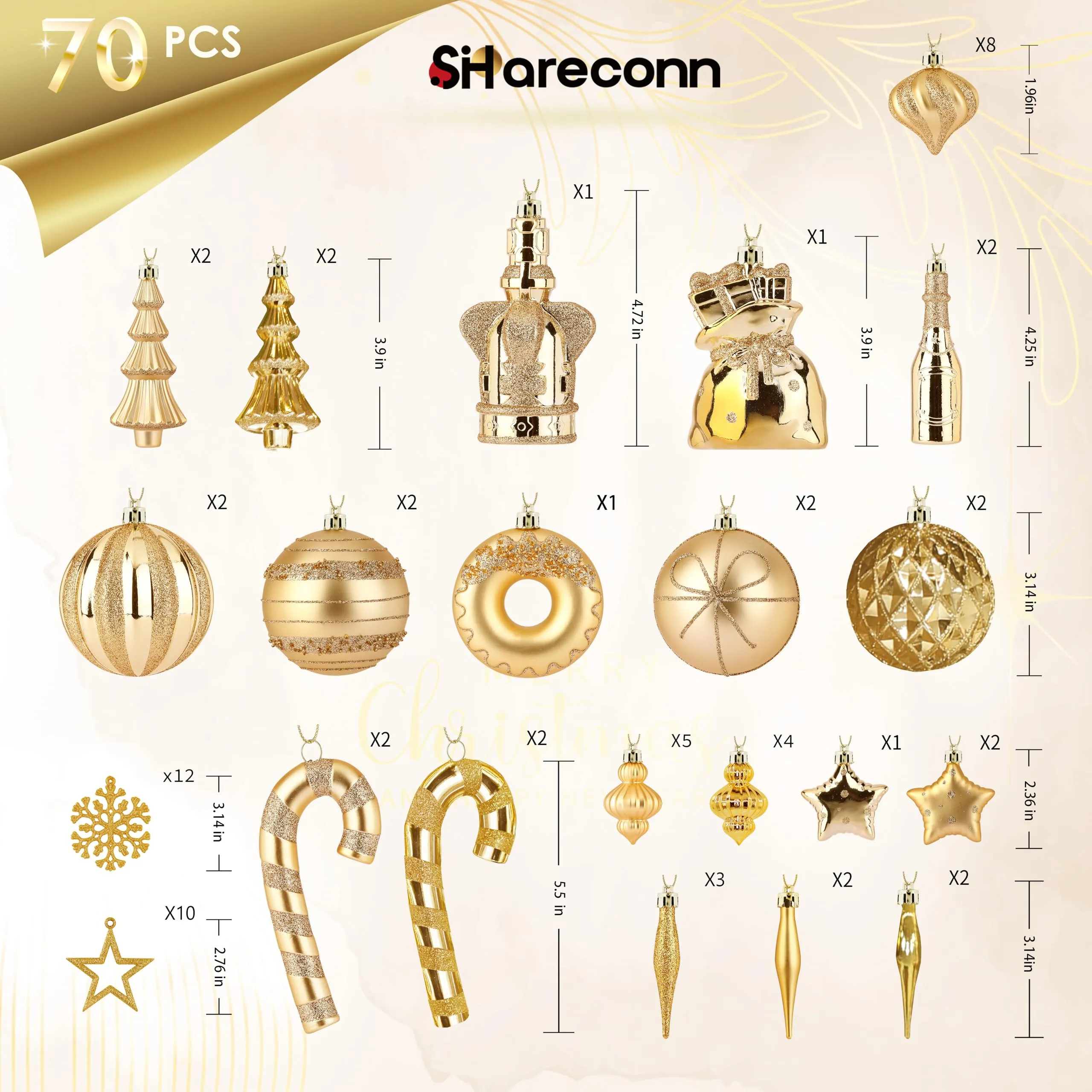 70 Pcs Champagne Gold Christmas Ball Ornament Set