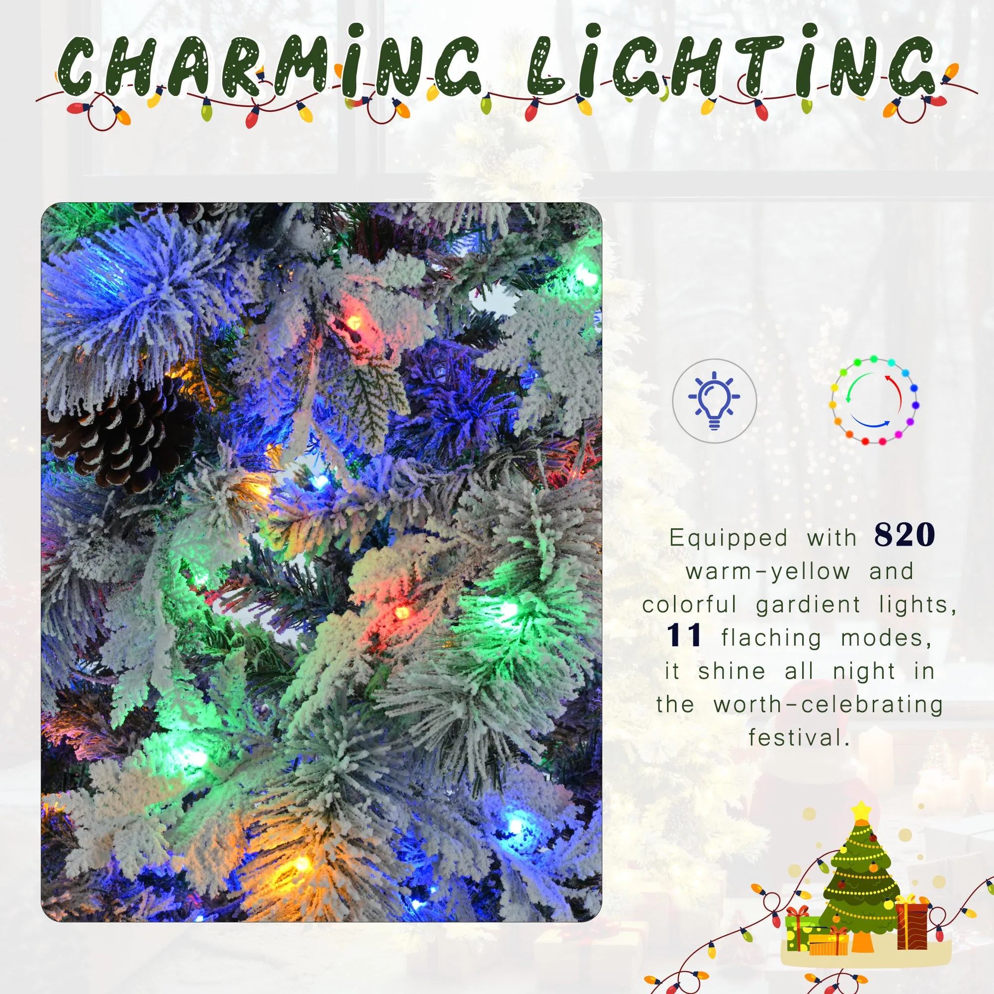 7.5ft Pre-Lit Realistic Snow Flocked Christmas Tree with Pine Cones, Color Changing LED Lights