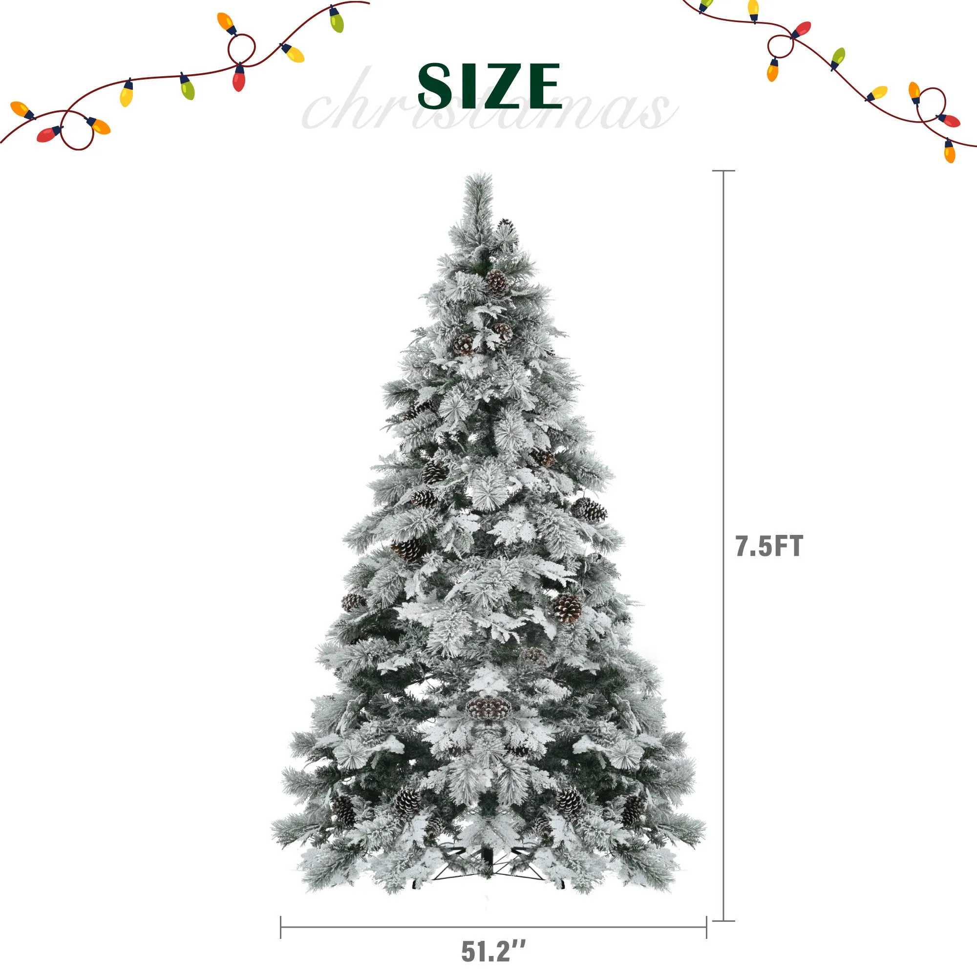 7.5ft Pre-Lit Realistic Snow Flocked Christmas Tree with Pine Cones, Color Changing LED Lights