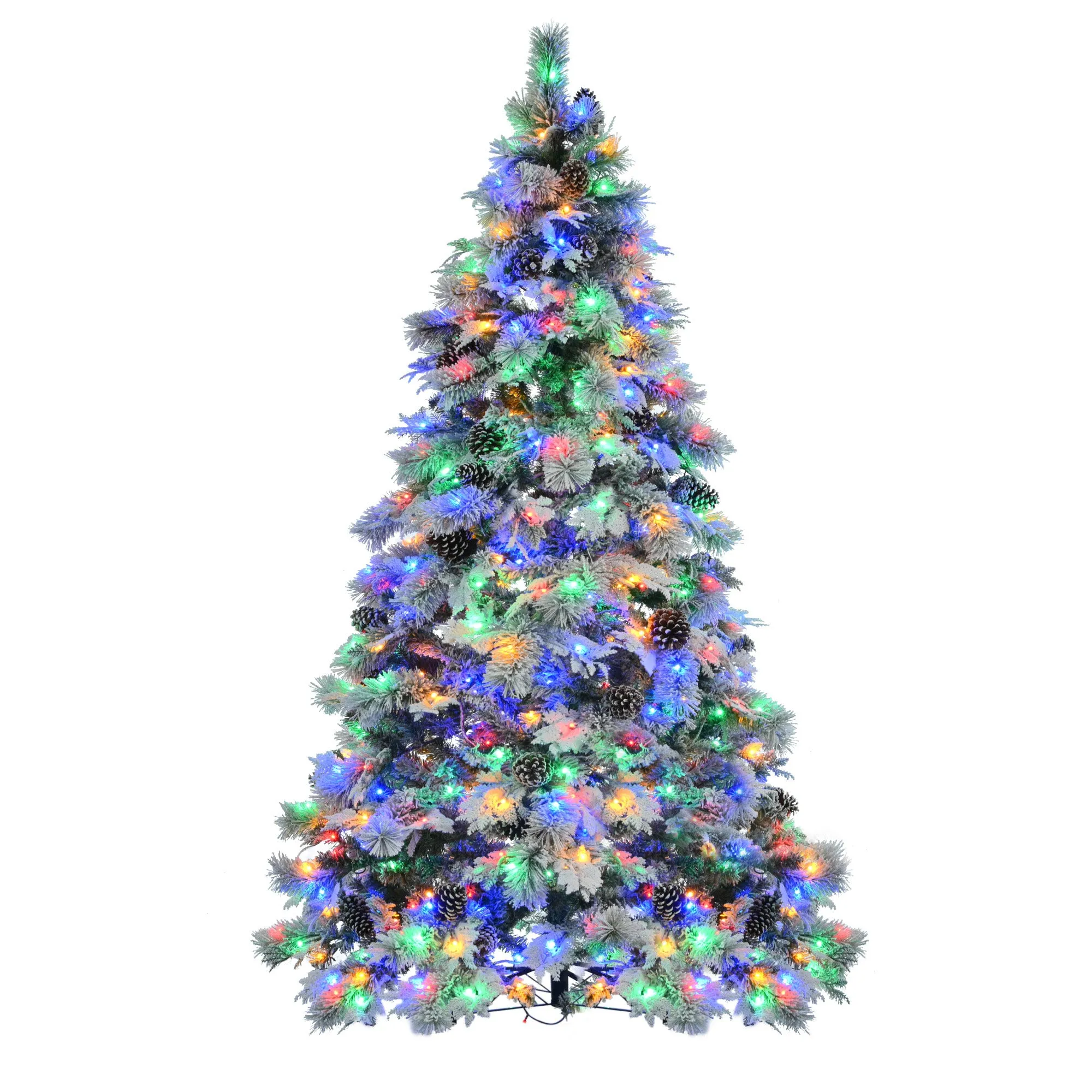 7.5ft Pre-Lit Realistic Snow Flocked Christmas Tree with Pine Cones, Color Changing LED Lights