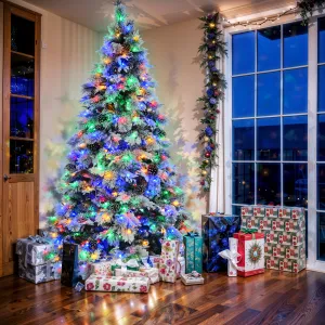 7.5ft Pre-Lit Realistic Snow Flocked Christmas Tree with Pine Cones, Color Changing LED Lights