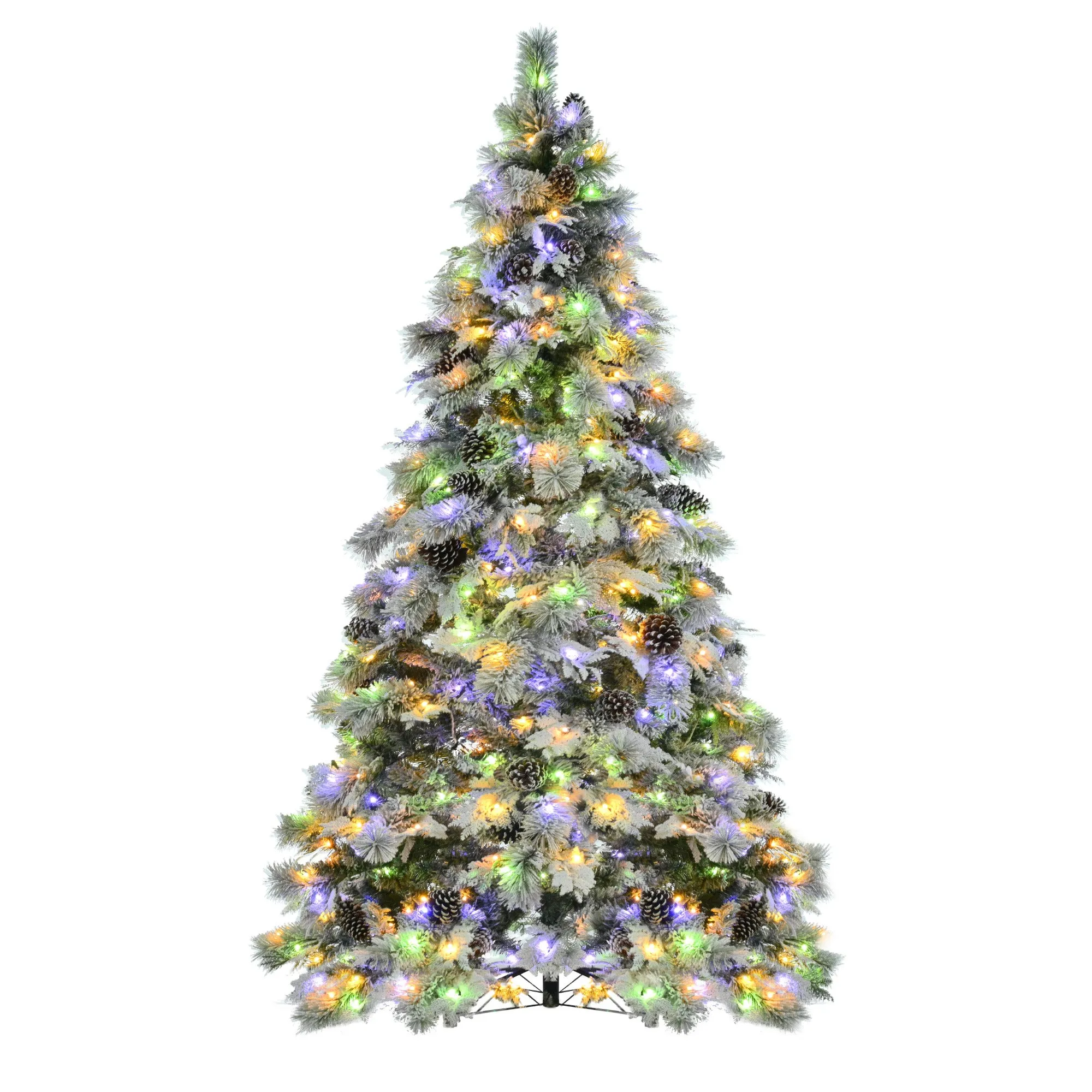 7.5ft Pre-Lit Realistic Snow Flocked Christmas Tree with Pine Cones, Color Changing LED Lights