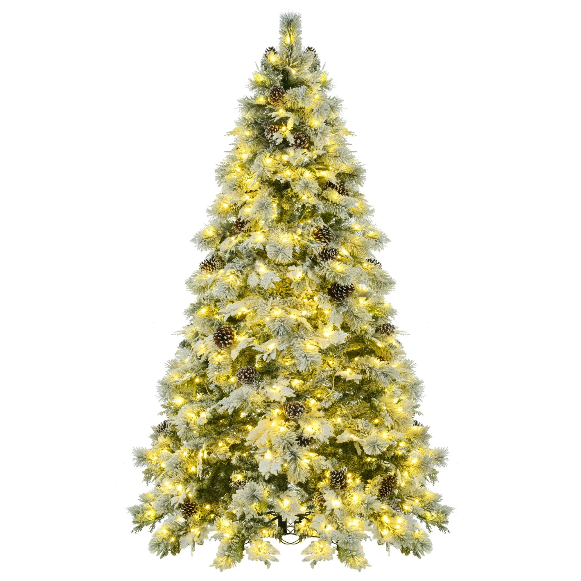 7.5ft Pre-Lit Realistic Snow Flocked Christmas Tree with Pine Cones, Color Changing LED Lights