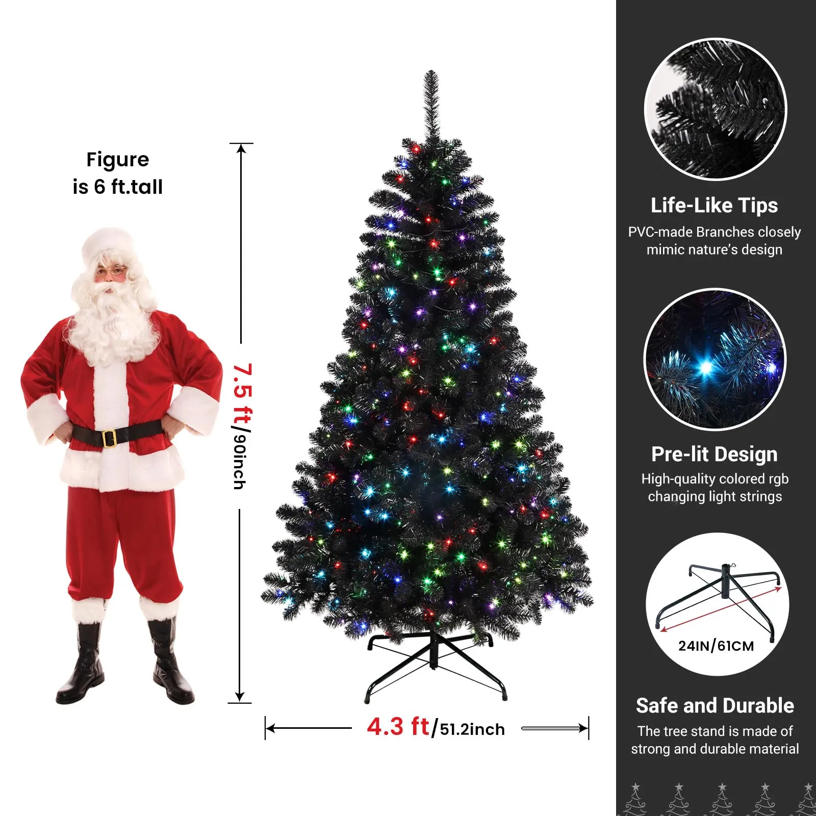 7.5ft Prelit RGB Lights Premium Artificial Hinged Christmas Tree-Black