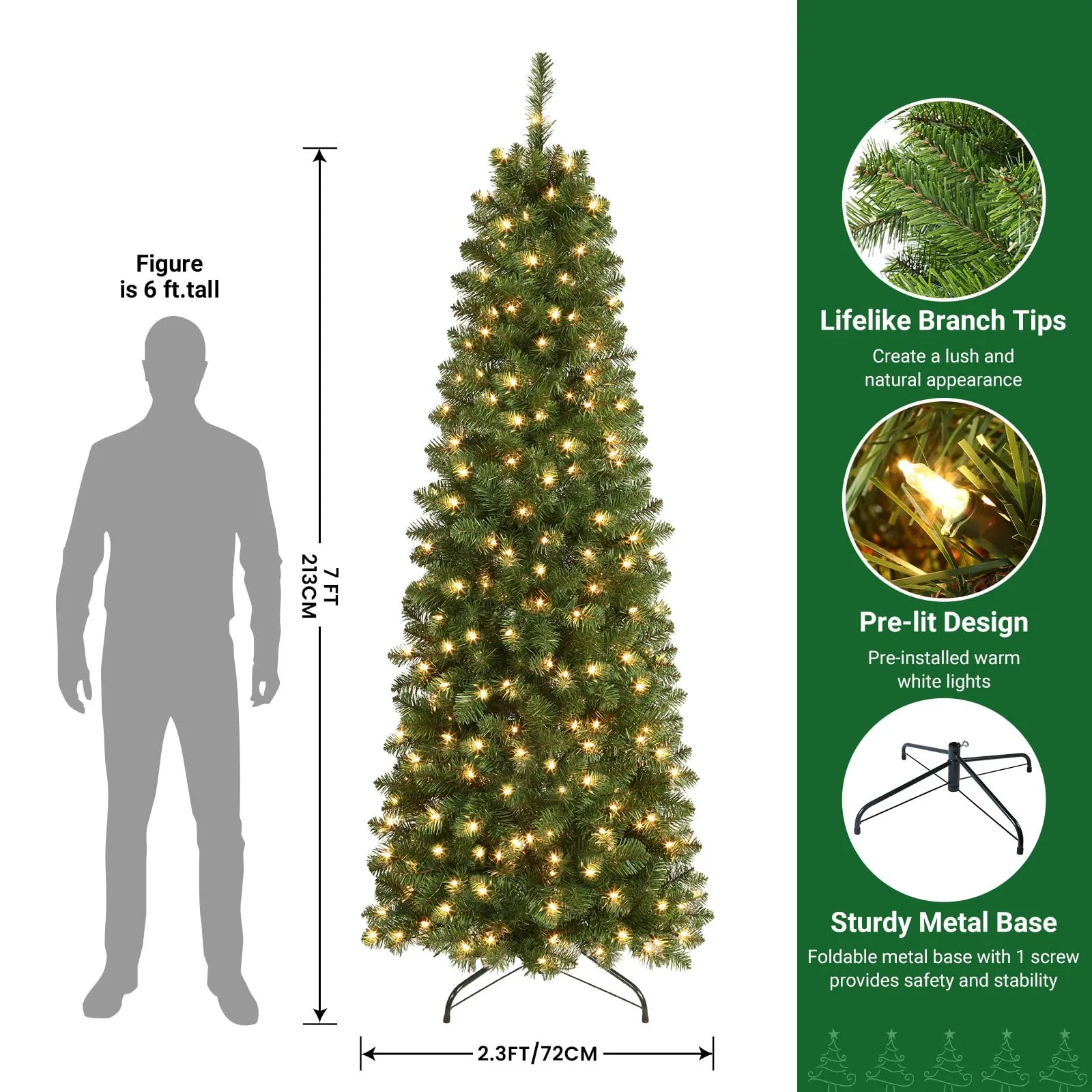 7ft Warm White Lights Artificial Hinged Slim Pencil Prelit Christmas Tree