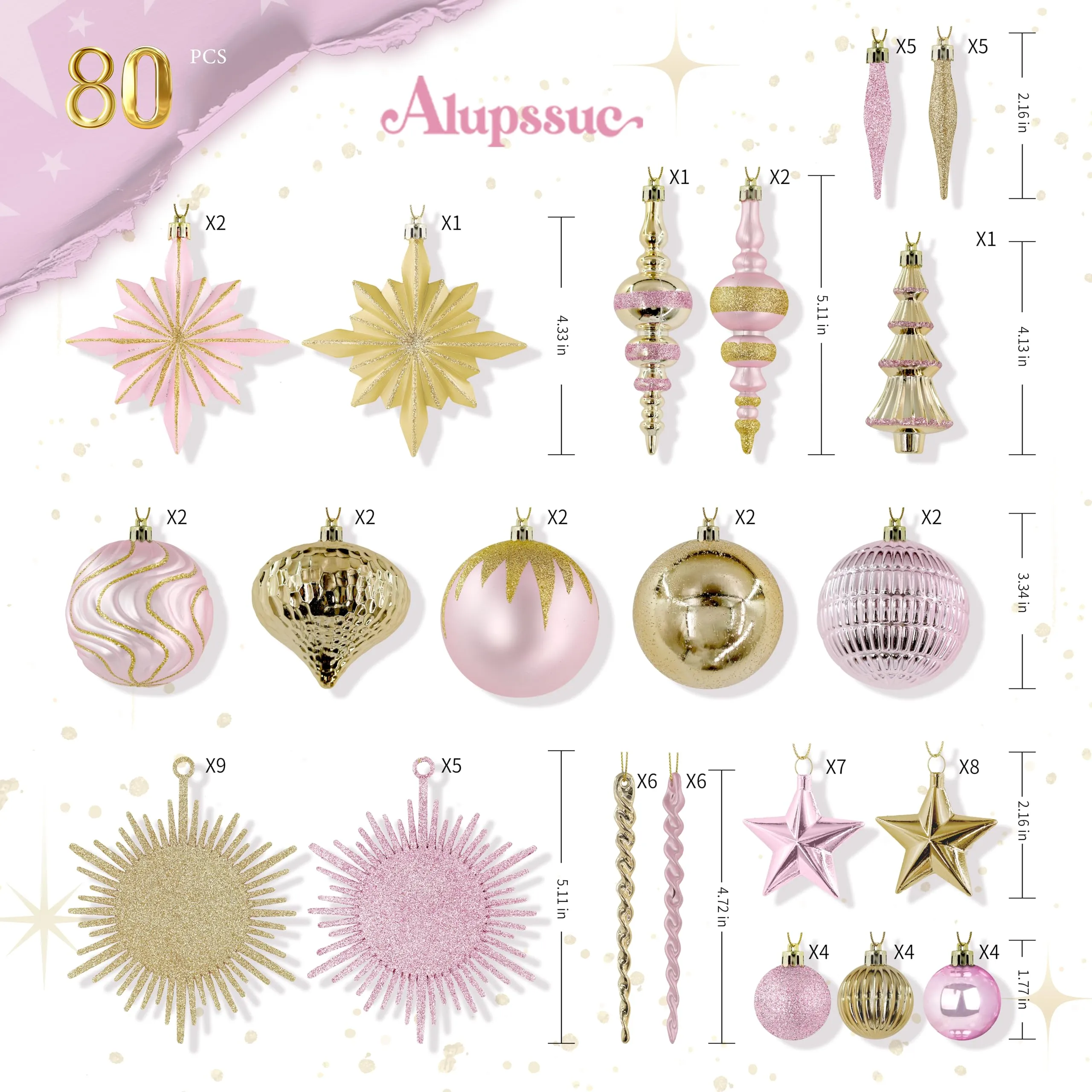 80pcs Pink and Gold Christmas Balls Ornaments Set with Lanyards