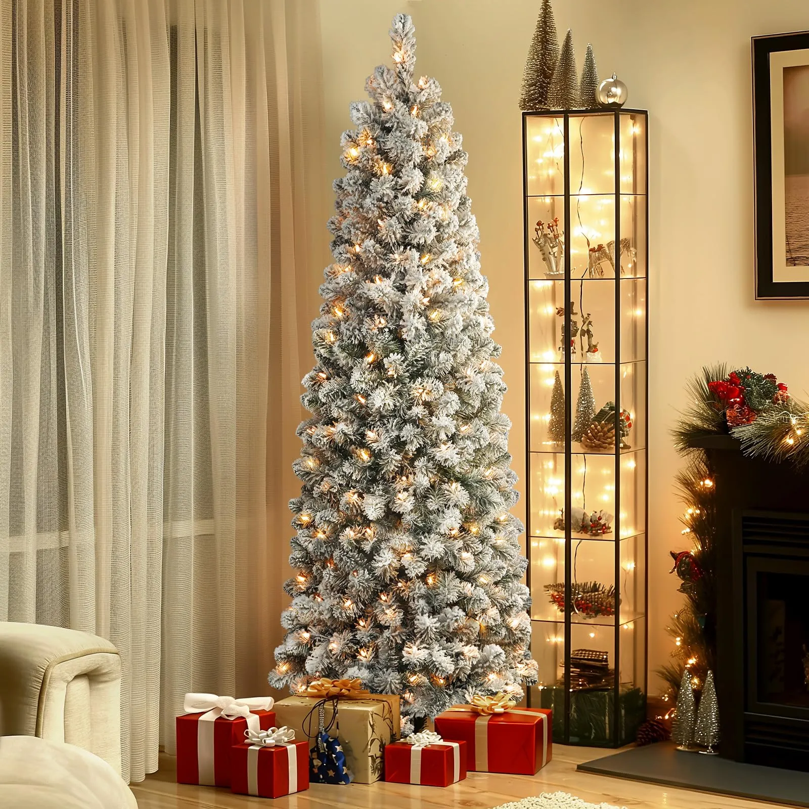 9ft Prelit Warm White Lights Snow Flocked Artificial Hinged Slim Pencil Christmas Tree