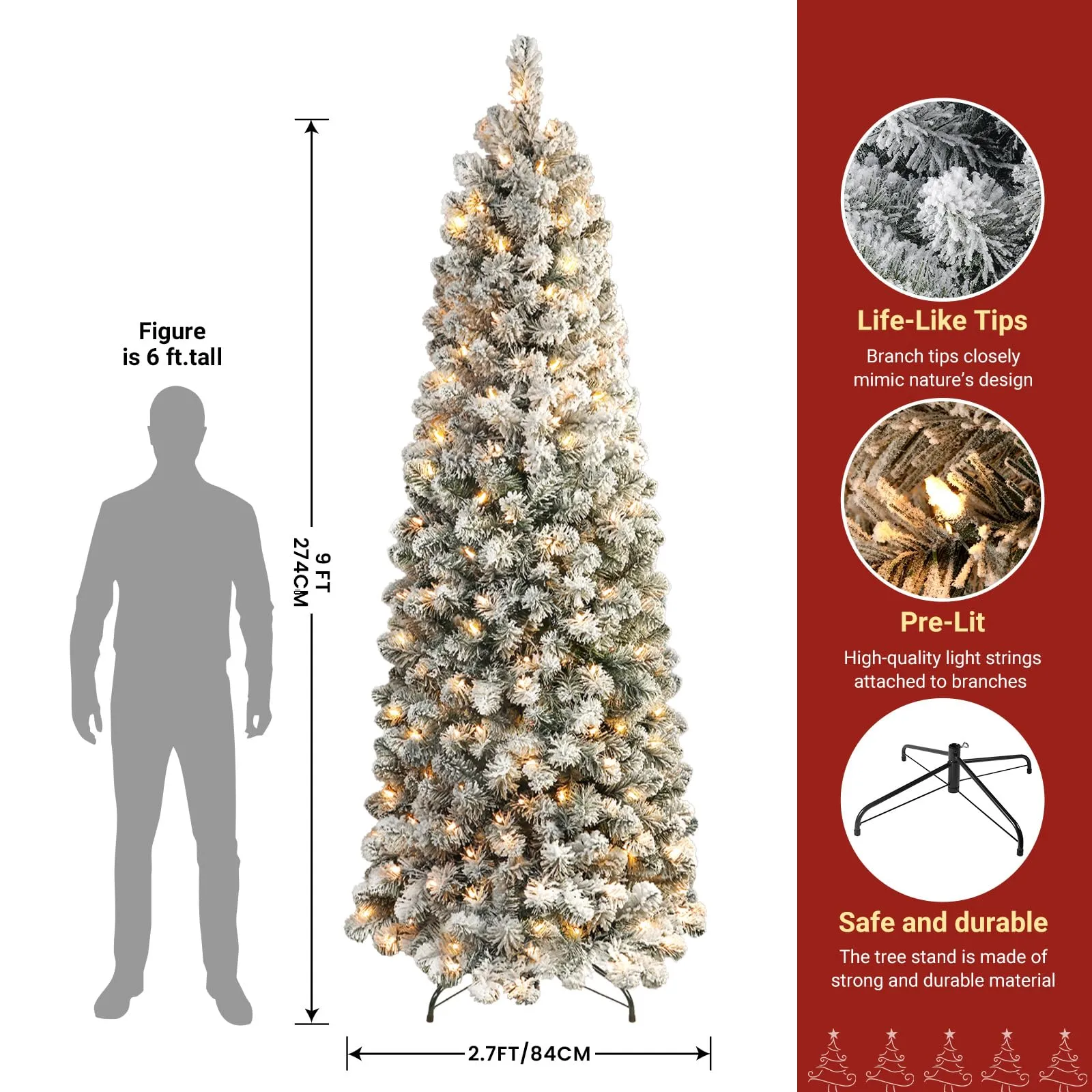 9ft Prelit Warm White Lights Snow Flocked Artificial Hinged Slim Pencil Christmas Tree