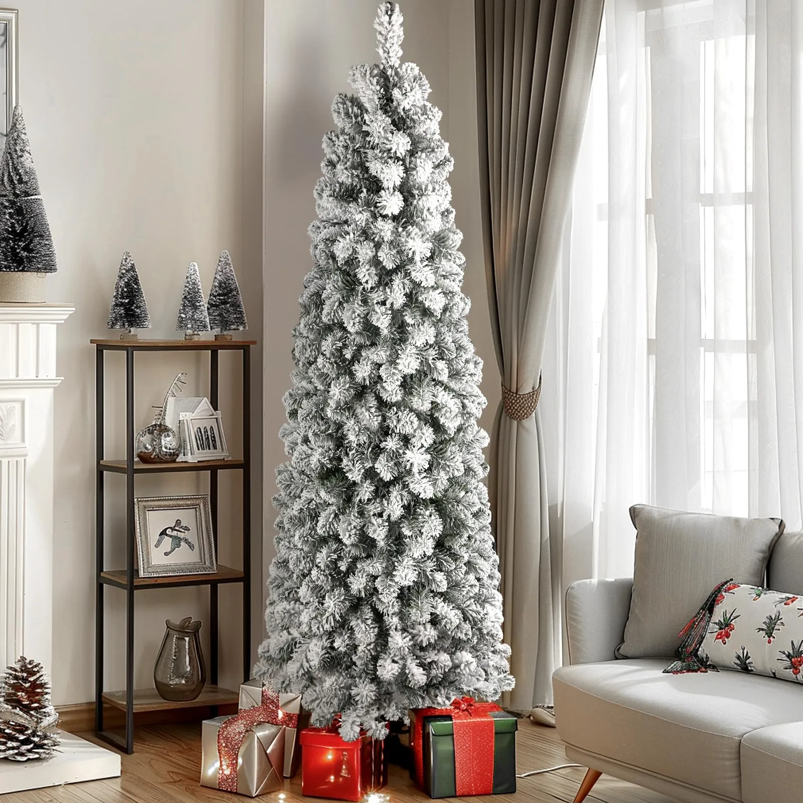 9ft Prelit Warm White Lights Snow Flocked Artificial Hinged Slim Pencil Christmas Tree