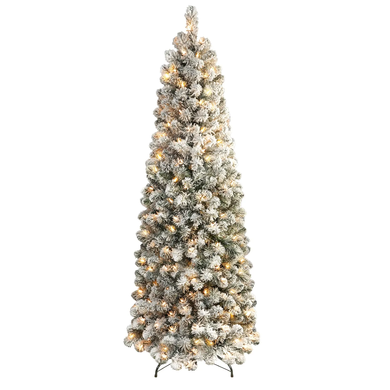 9ft Prelit Warm White Lights Snow Flocked Artificial Hinged Slim Pencil Christmas Tree