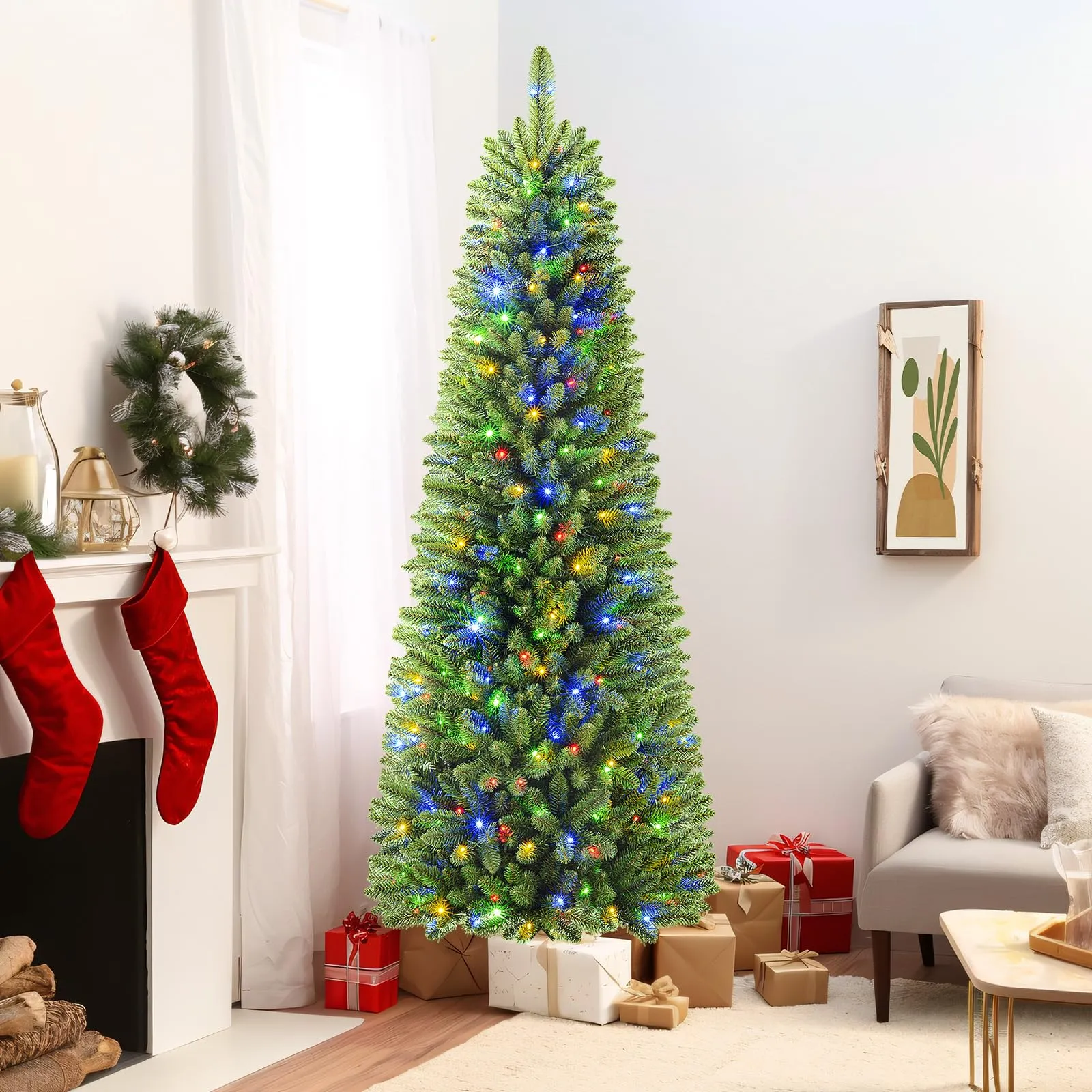 9ft Warm White & Multi-Color Lights Premium Prelit Artificial Hinged Slim Pencil Christmas Tree with Remote Control