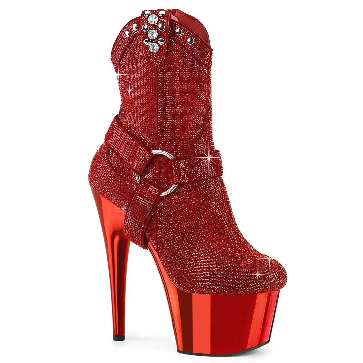 ADORE-1029CHRS Pleaser Shoes Red Rhinestone Cowgirl Style Stripper Boot