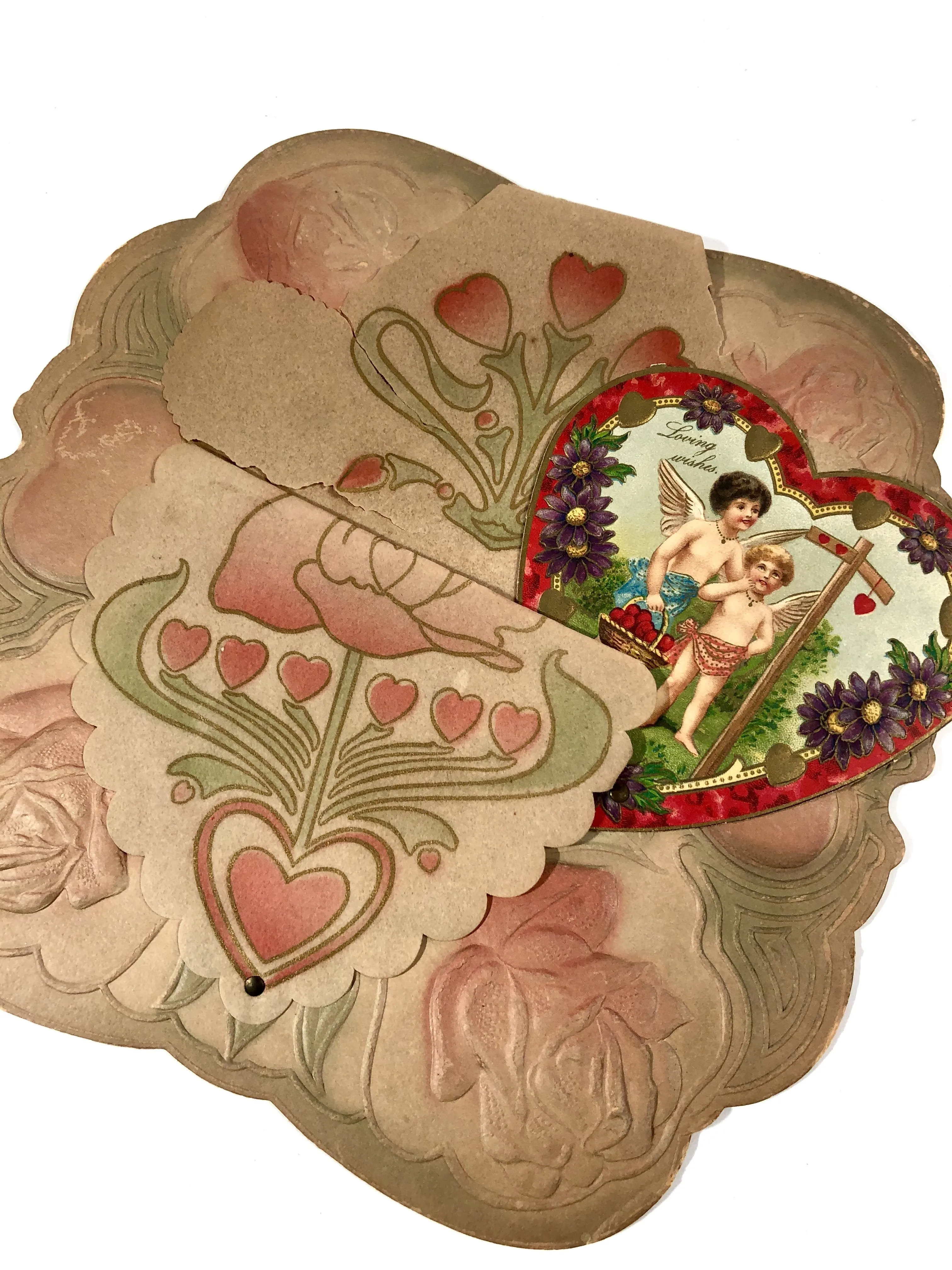 Antique 1910's Paper VALENTINE, Art Nouveau Design || "Loving Wishes"