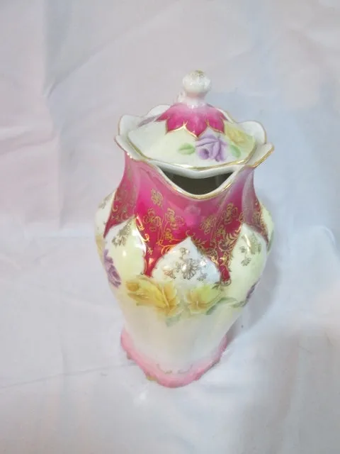 Antique HAND PAINTED FLORAL PITCHER YELLOW PURPLE ROSE Japan Gilt