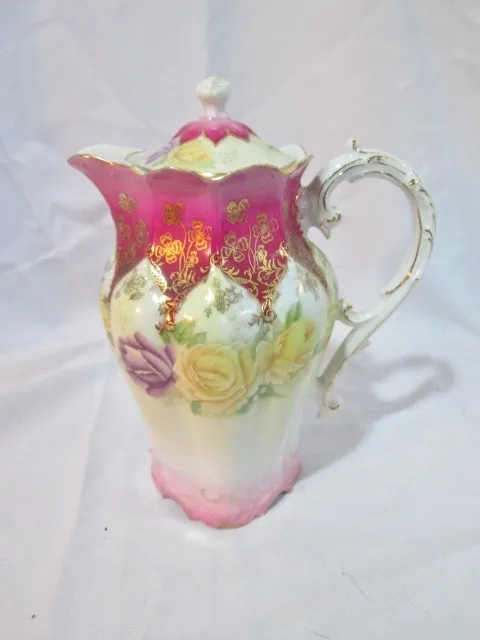 Antique HAND PAINTED FLORAL PITCHER YELLOW PURPLE ROSE Japan Gilt