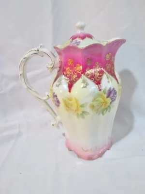 Antique HAND PAINTED FLORAL PITCHER YELLOW PURPLE ROSE Japan Gilt