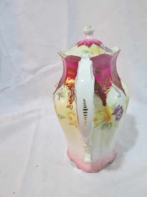 Antique HAND PAINTED FLORAL PITCHER YELLOW PURPLE ROSE Japan Gilt