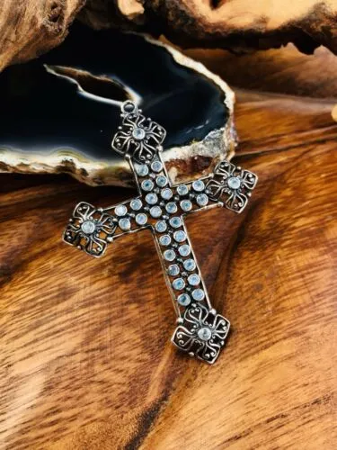 Antique Ornate Sterling Silver Blue Topaz Stone Cross Pendant