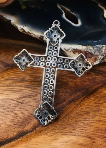 Antique Ornate Sterling Silver Blue Topaz Stone Cross Pendant