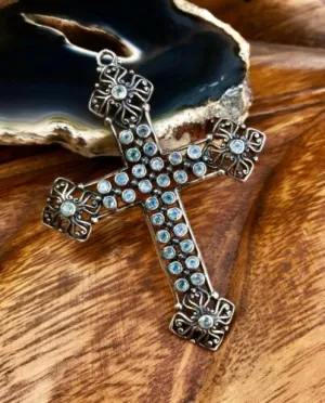 Antique Ornate Sterling Silver Blue Topaz Stone Cross Pendant